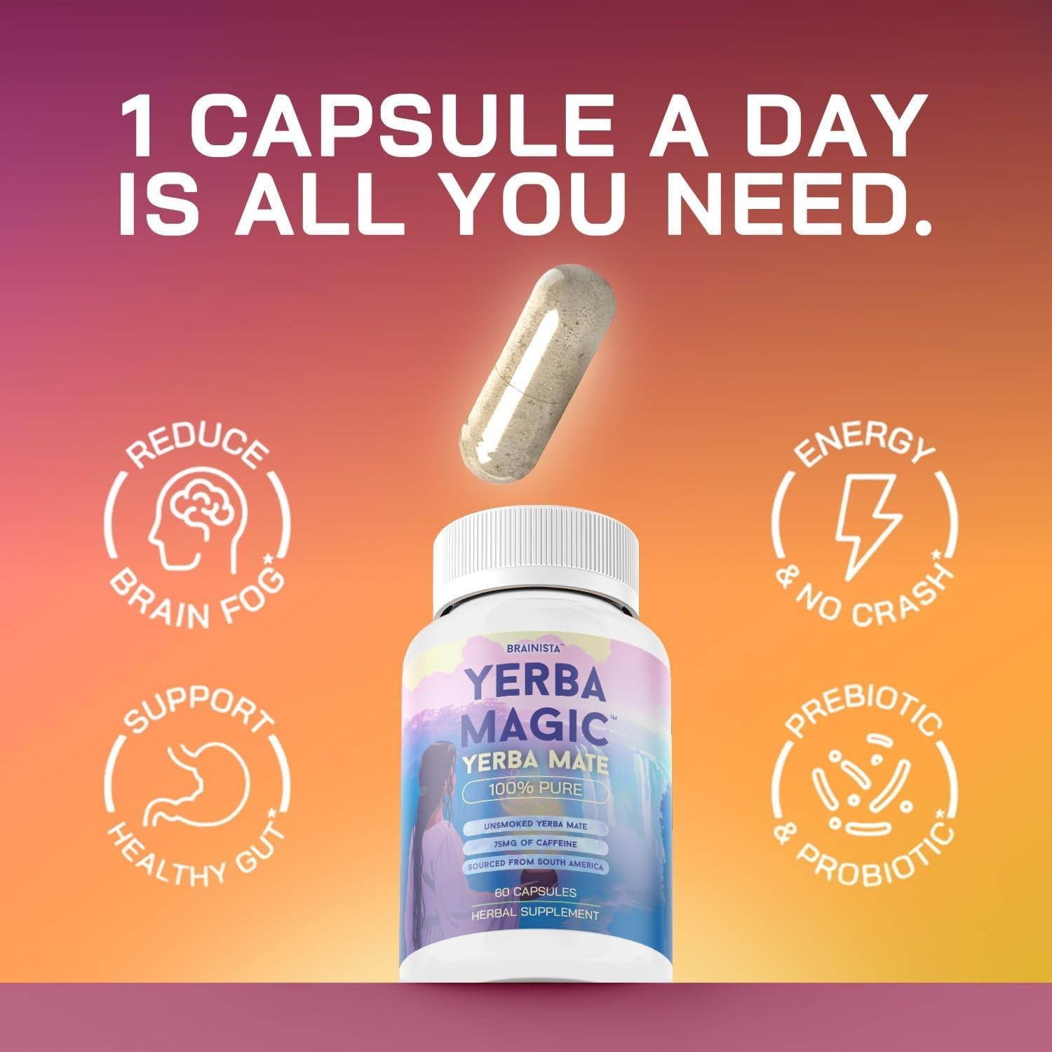 Brainista Yerba Magic: 100% Pure Unsmoked Yerba Mate, 75mg Caffeine, 60 Capsules