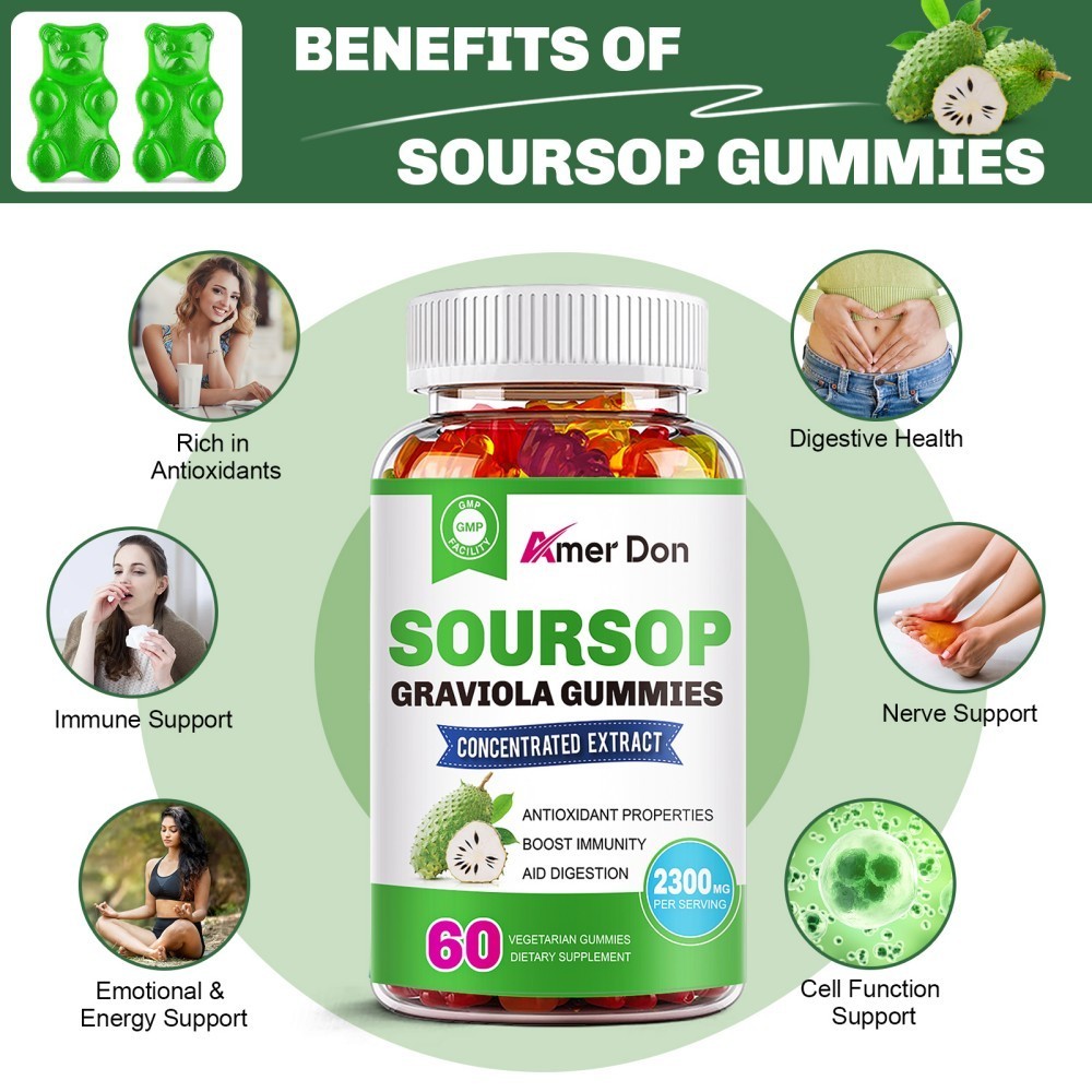 Organic Soursop Graviola 60 Gummies Leaves & Seeds Extract 2300mg Immune Support