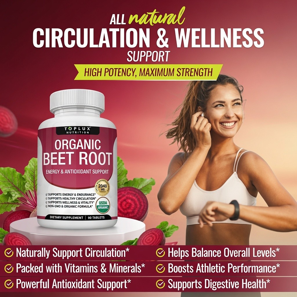Toplux Organic Beet Root 2040mg Black Pepper Energy Endurance 90ct
