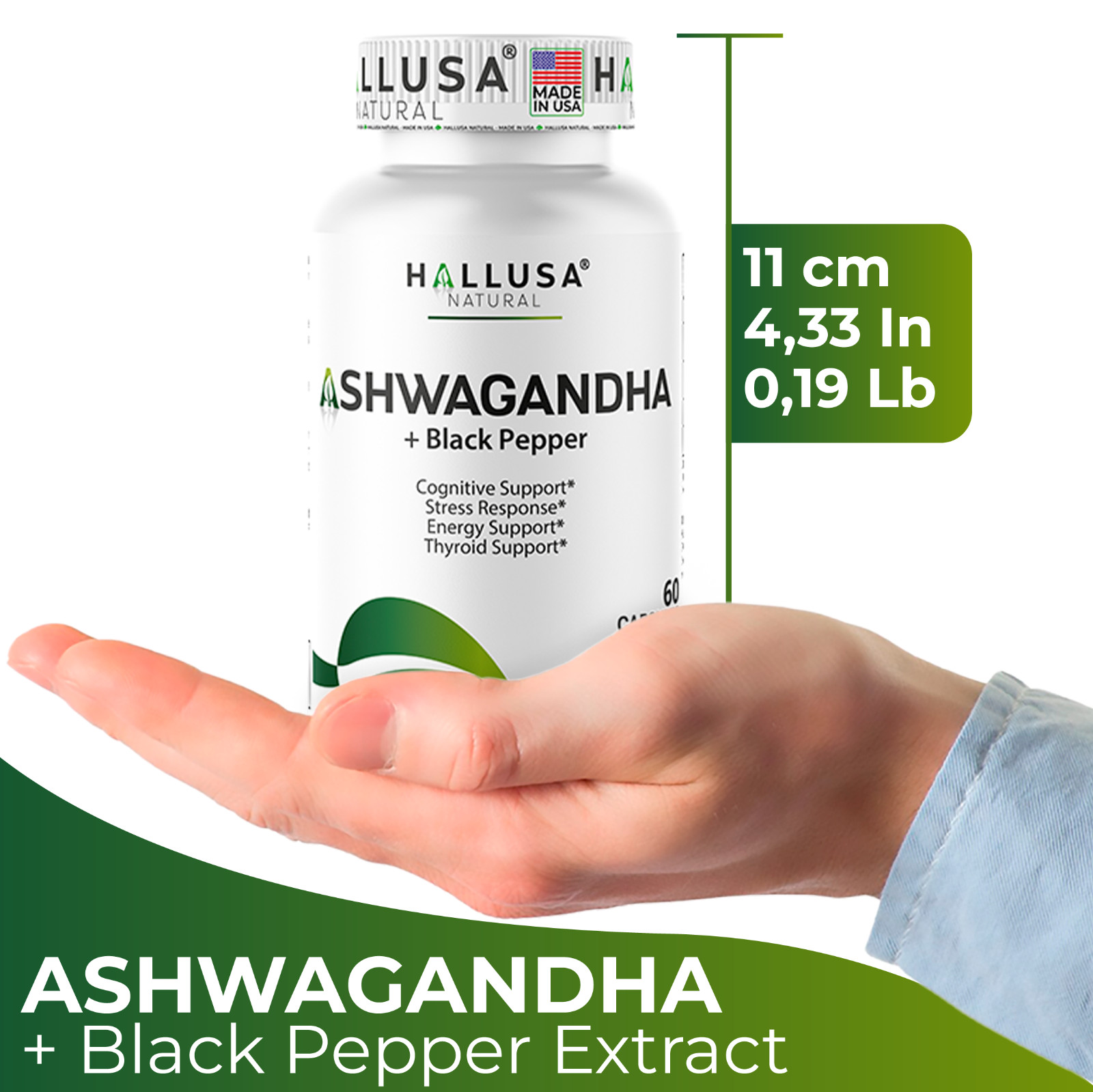 Organic Ashwangandha Root Extract with Black Pepper – Natural Supplement 60 CAP