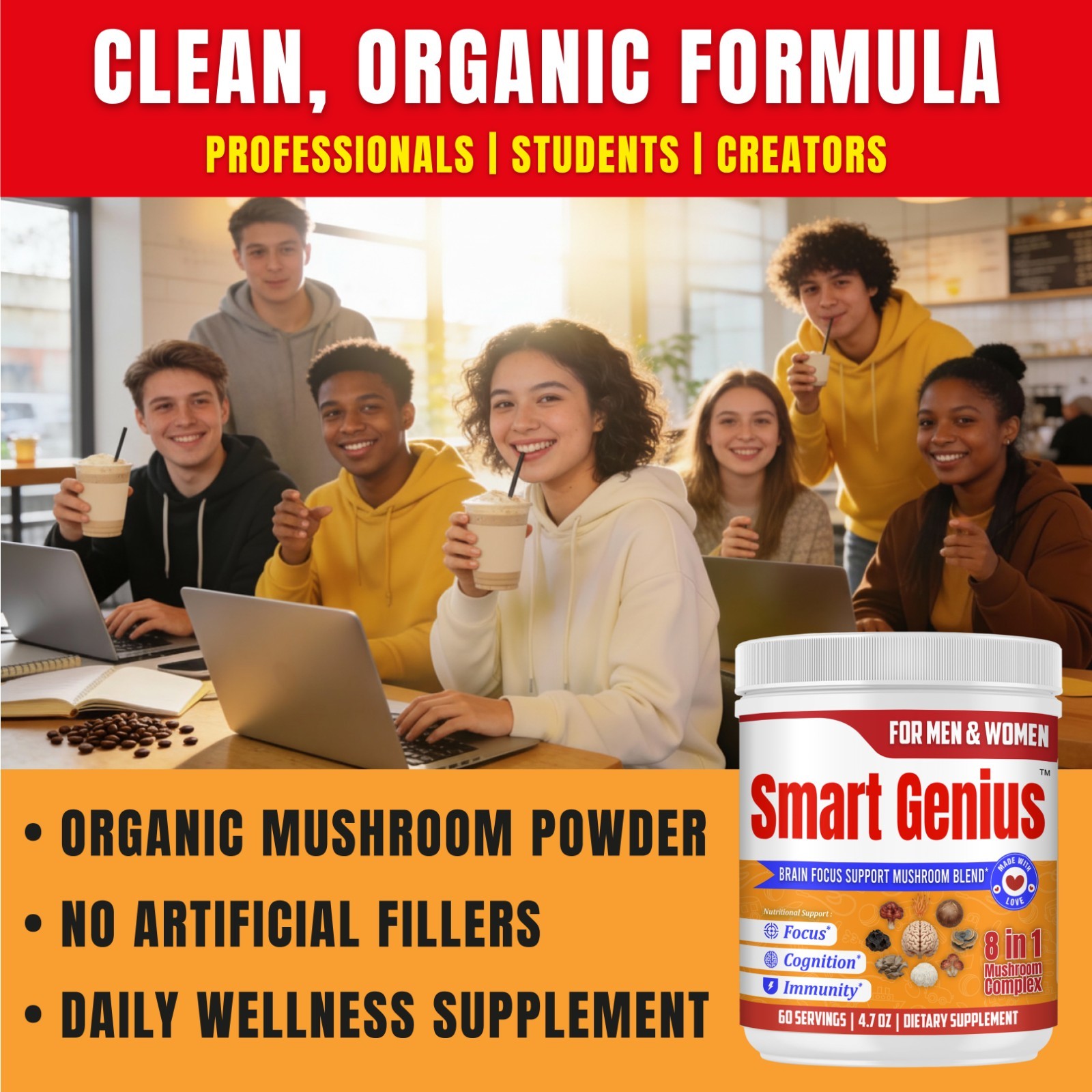 Mushroom Powder Blend for Focus Memory Cognitive Support Brain Formula 60Serving