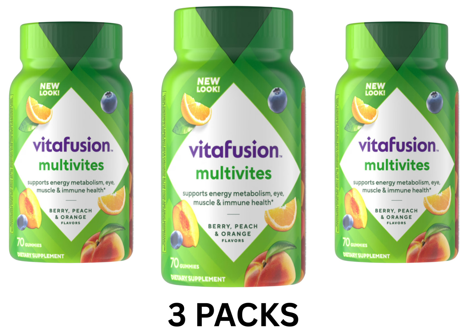 3 pk Vitafusion Multivitamins for Adults Berry, Peach and Orange Flavor 70 Count