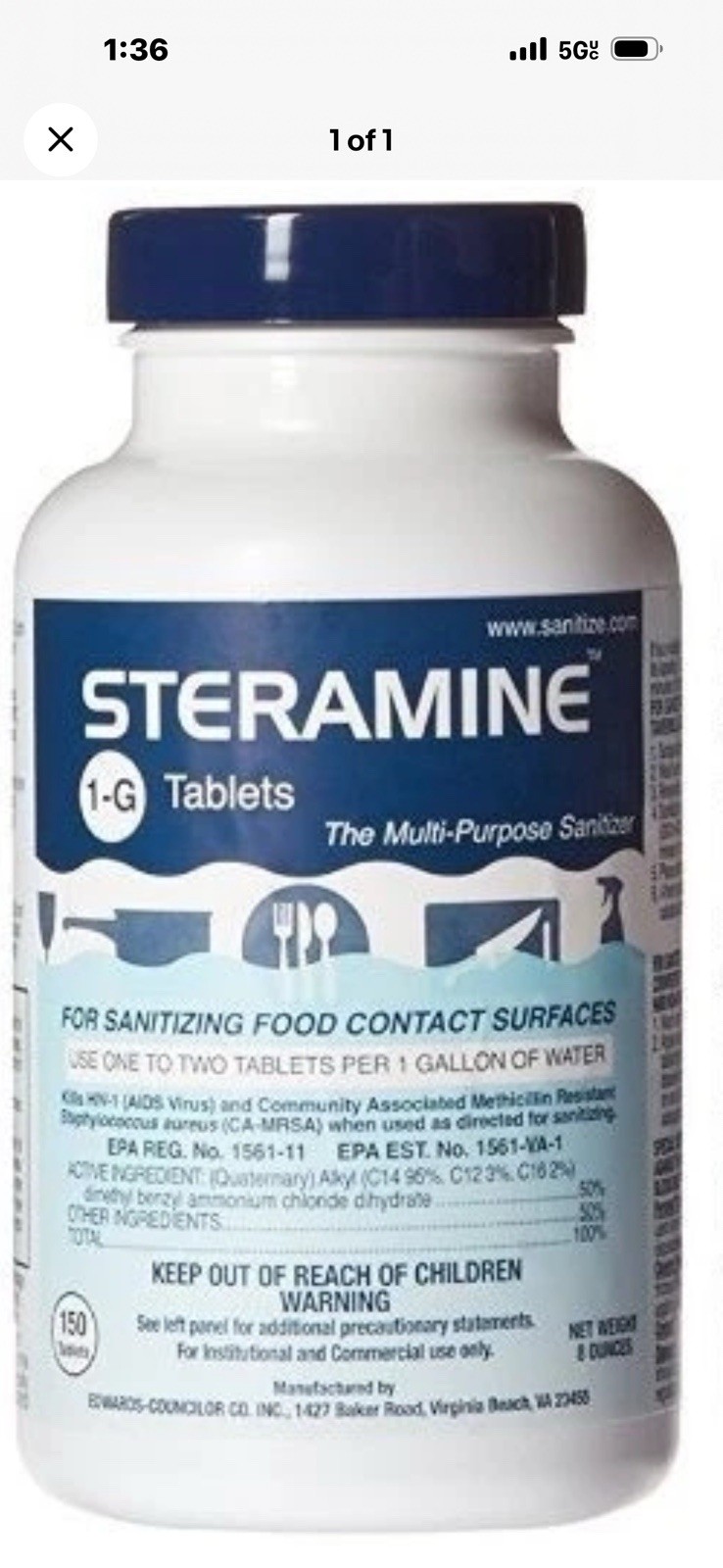 Sanitizing Tablets Steramine Quaternary 6 Pack 150 Each Blue Clear Lake