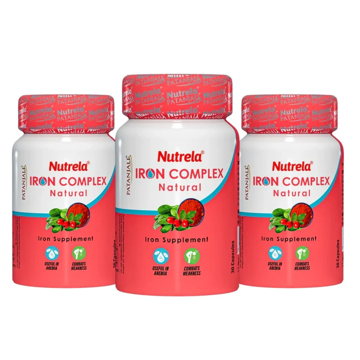 Patanjali Nutrela Iron Complex Natural Supplement 30 Capsule Each (pack of 3)