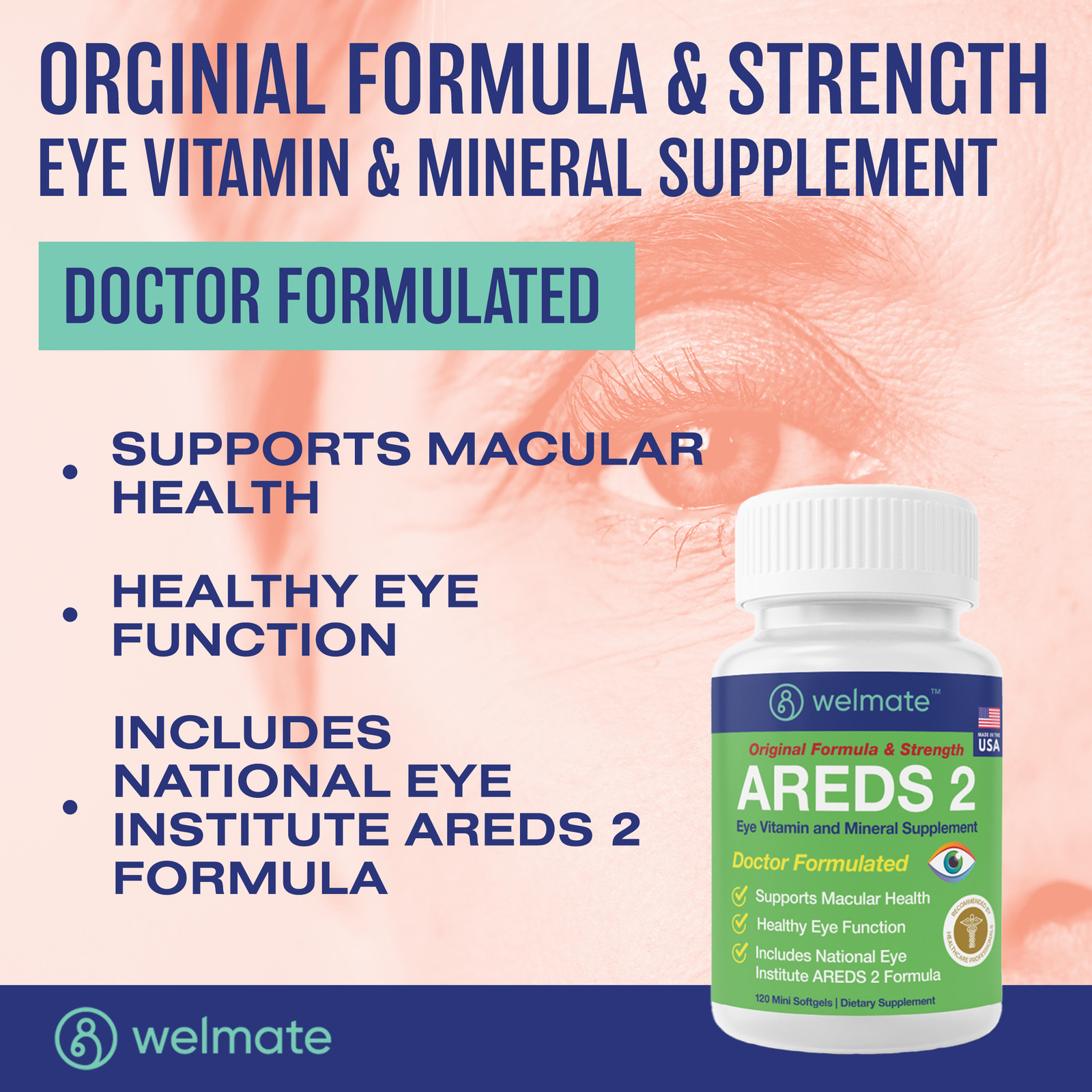 WELMATE AREDS 2 Eye Vitamin & Mineral Supplement, 120 Mini Softgels Exp 6/27