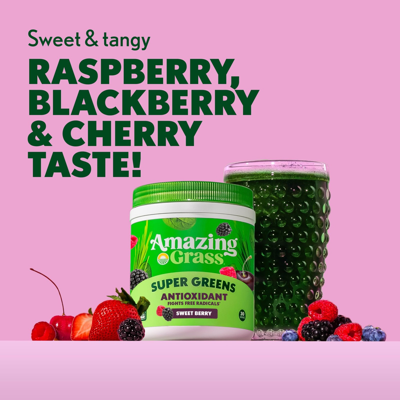 Greens Powder Organic Superfood Antioxidant Sweet Berry 7.4oz Amazing Grass