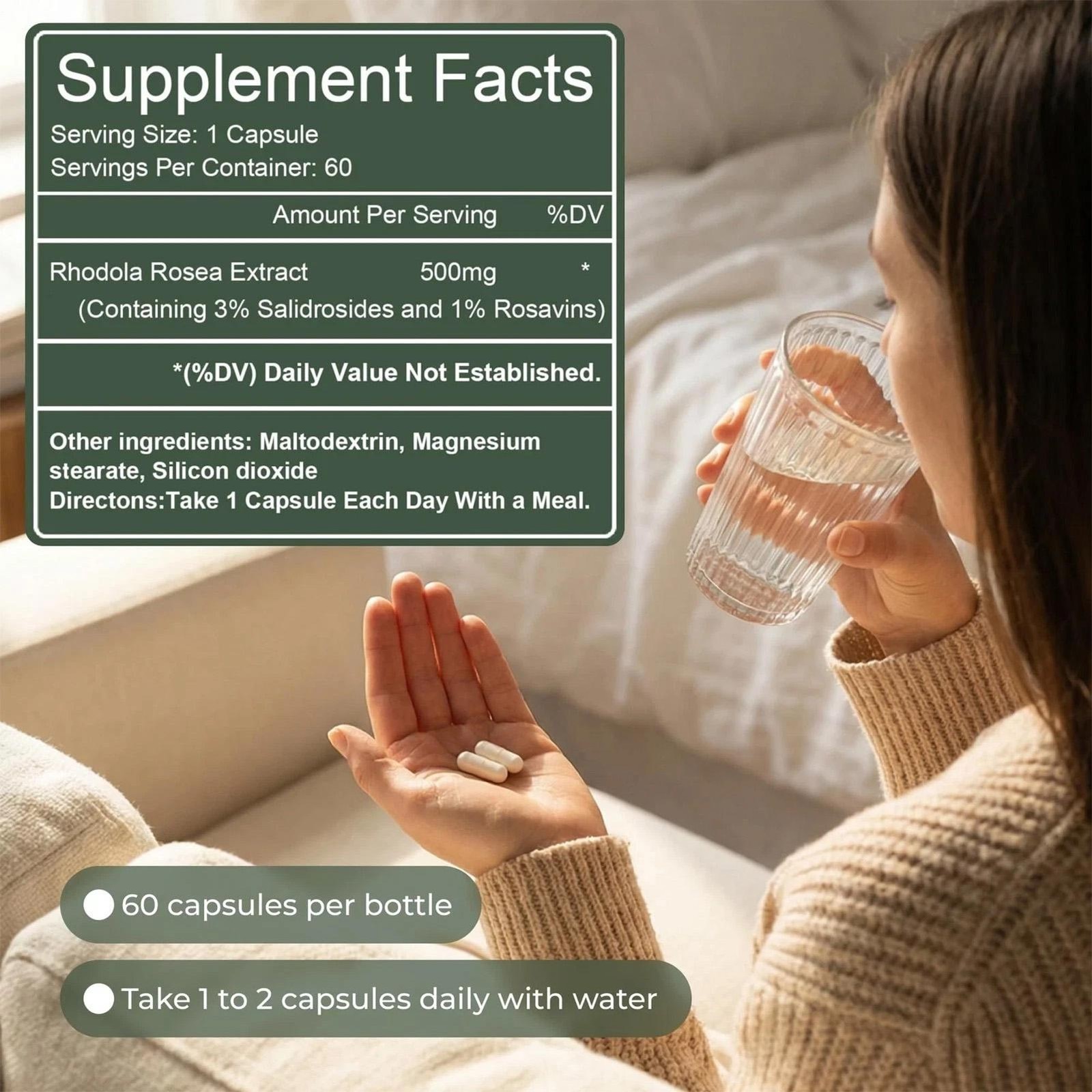 Salvora Rhodiola Rosea Supplement – Golden Root Adaptogen Capsules 60pcs