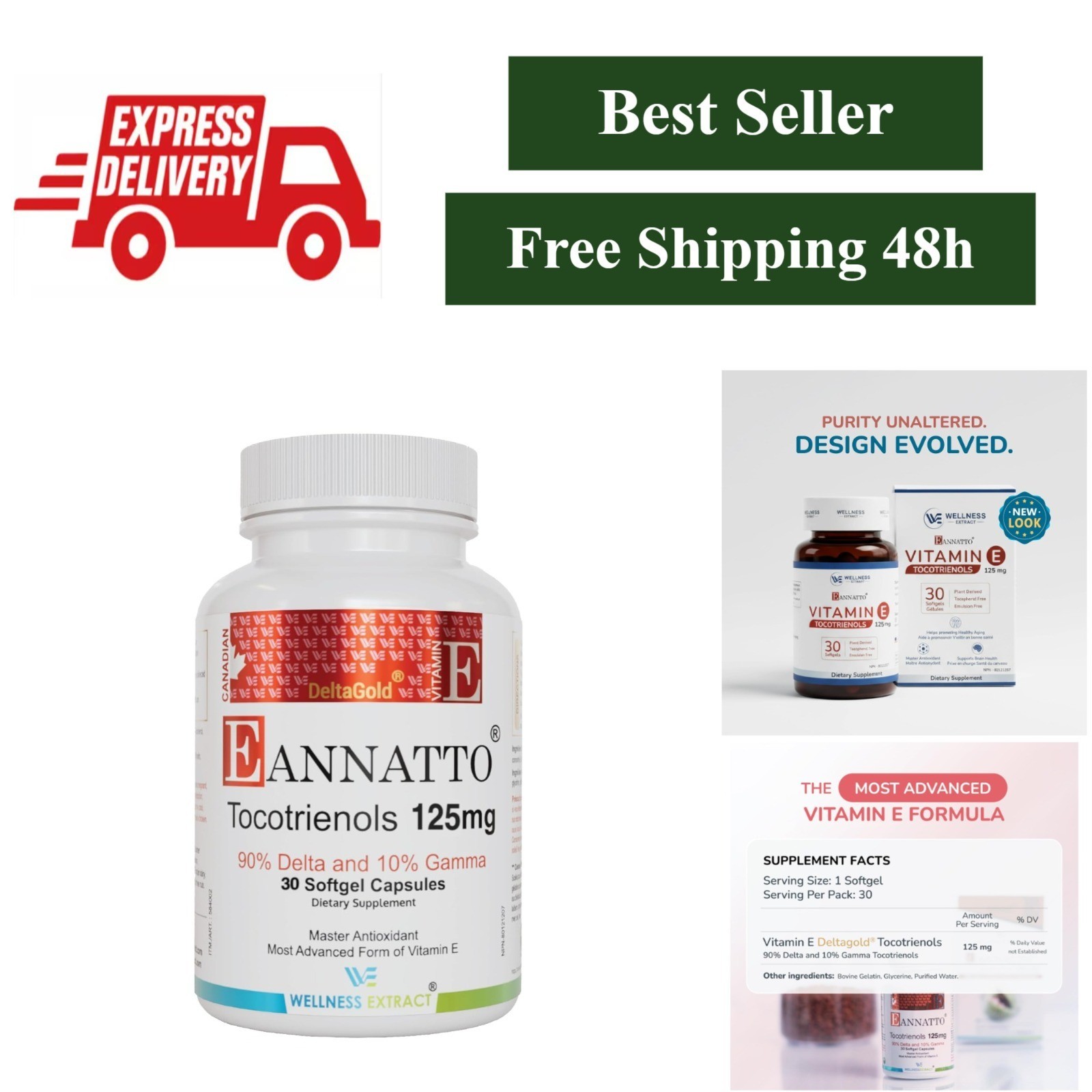 Wellness Extract Annatto Tocotrienols Vitamin E Softgels 125MG 30 Count