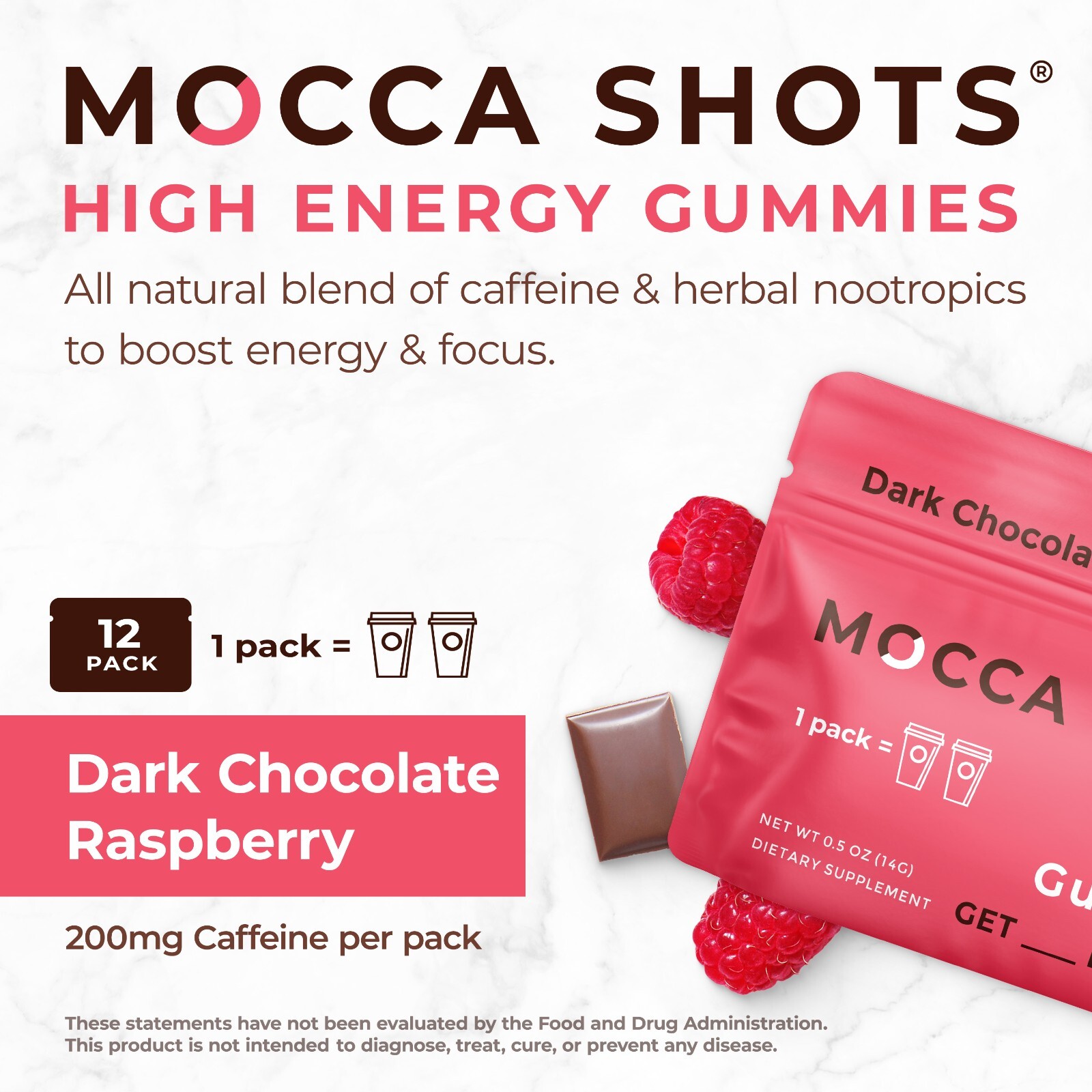 Mocca Shots Energy Gummies with Caffeine | 12-Pack – Dark Chocolate Raspberry
