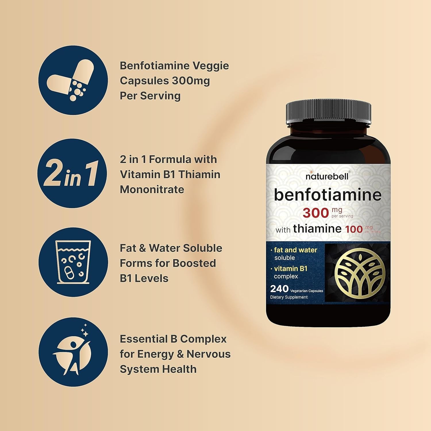 NatureBell Benfotiamine 300mg with Thiamine 100mg Per Serving | 240 Capsules