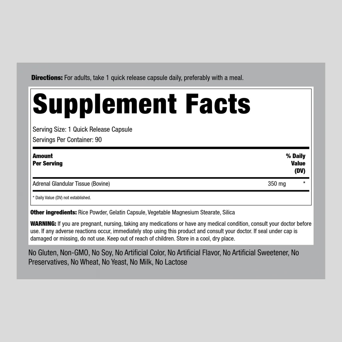 Raw Adrenal Glandular (Bovine) 350 mg, 90 Quick Release Capsules