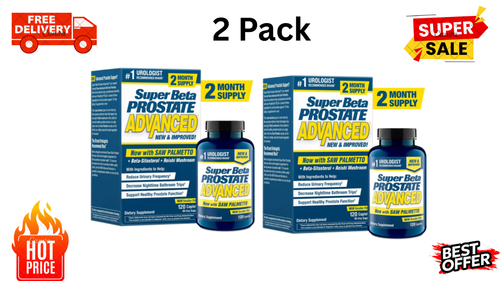 2 Pack Super Beta Prostate Advanced with Saw Palmetto 120 Capsules Free Shipping