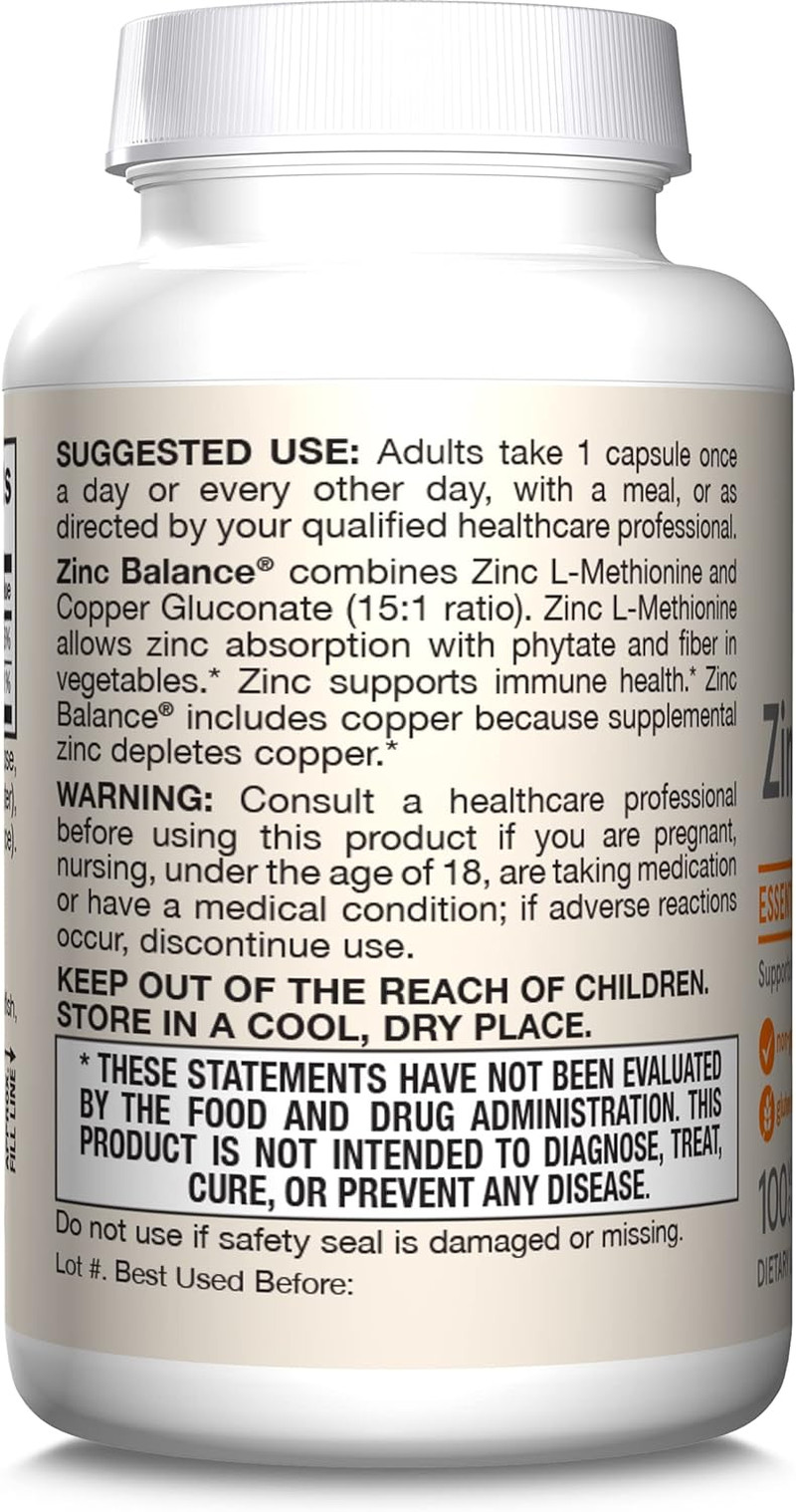 Zinc Balance 15 Mg – 100 Servings (Veggie Caps) – Includes Coppe