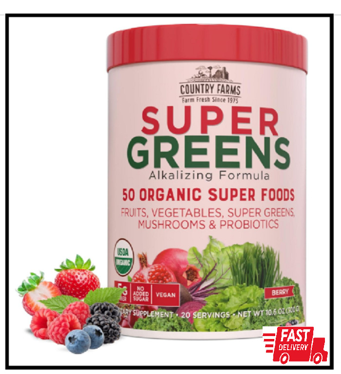 Country Farms Organic Super Greens Berry Flavor, 50 Organic Super Foods, Packed