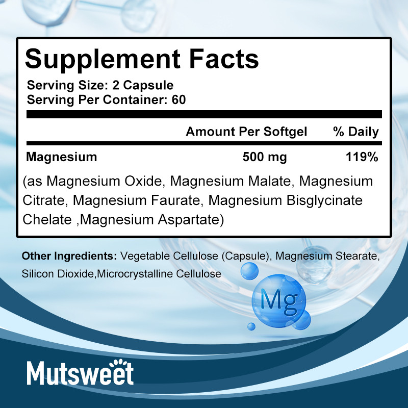 Magnesium Complex 500mg, 360Capsules – Gluten Free and Non-GMO