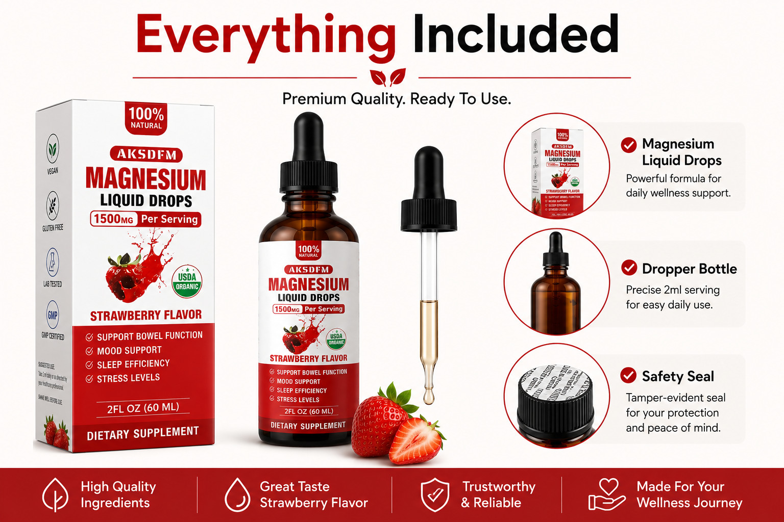 2 Pack Magnesium Liquid Drops 1500mg Strawberry Flavor 2 fl oz (60ml) Vegan Glut