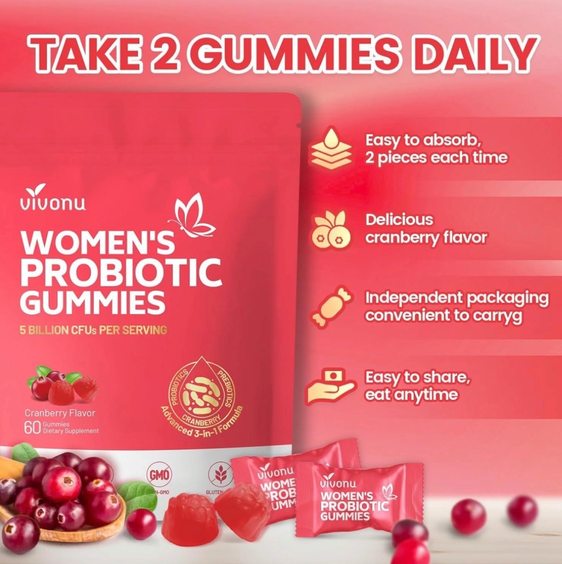 Cranberry Probiotic Gummies – 60/pack, for Full-Body Odor, Women’s Health & Bala