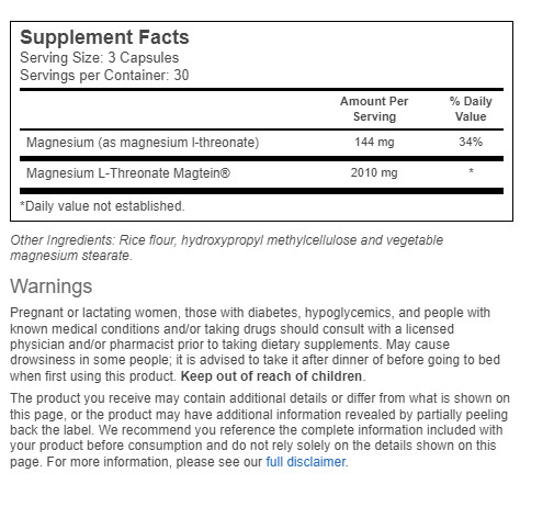 Vitacost Magtein® Magnesium L-Threonate — 2010 mg per serving – 90 Caps 8/2027
