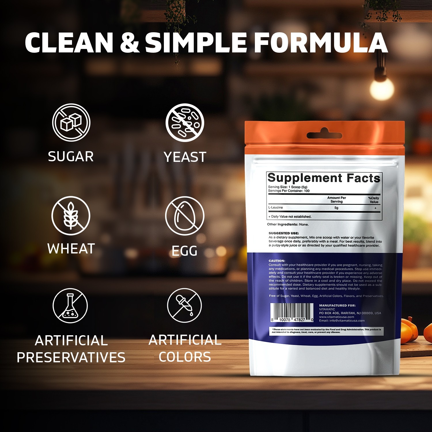Vitamatic L-Leucine Powder 500g (17.6 oz), 5g Per Serving, Pure Amino Acid Supp.