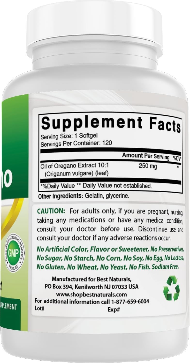 120 Count Oregano Oil 250 Mg Softgels – Gluten Free, All Natural Ingredients