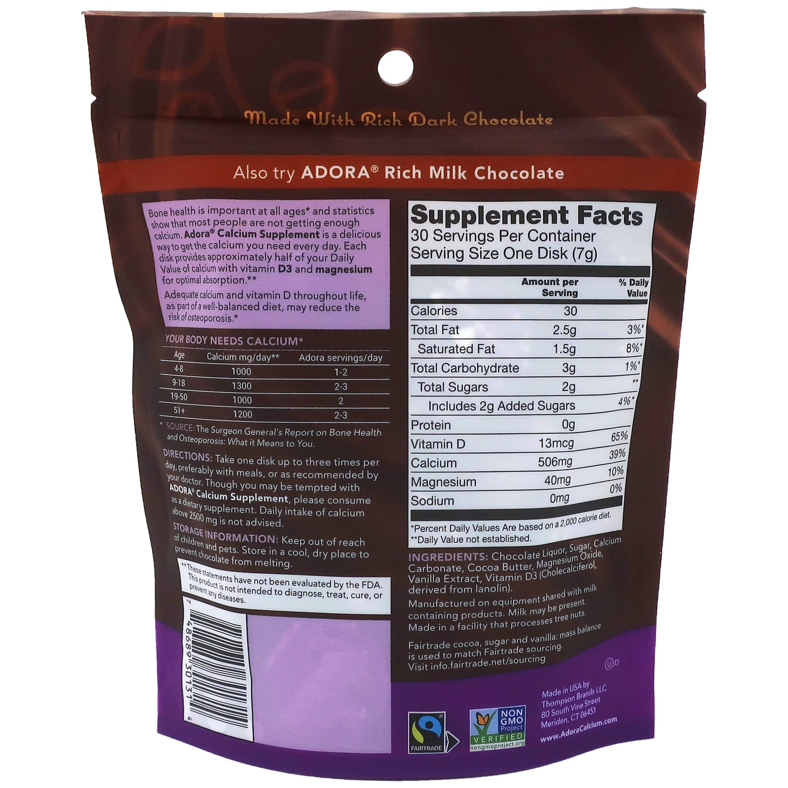Adora Calcium Supplement Disks Dark Chocolate 30 Count Non GMO Kosher Fairtrade