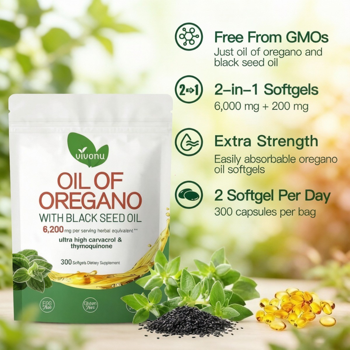 VivoNu Oregano & Black Seed Oil Complex High Absorption Herbal Immune Softgels