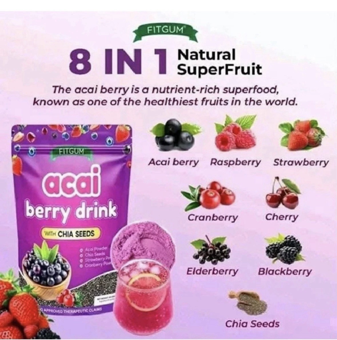 3 Packs FITGUM Acai Berry Drink Powder w/ Chia & Collagen – 10 Sachets Each