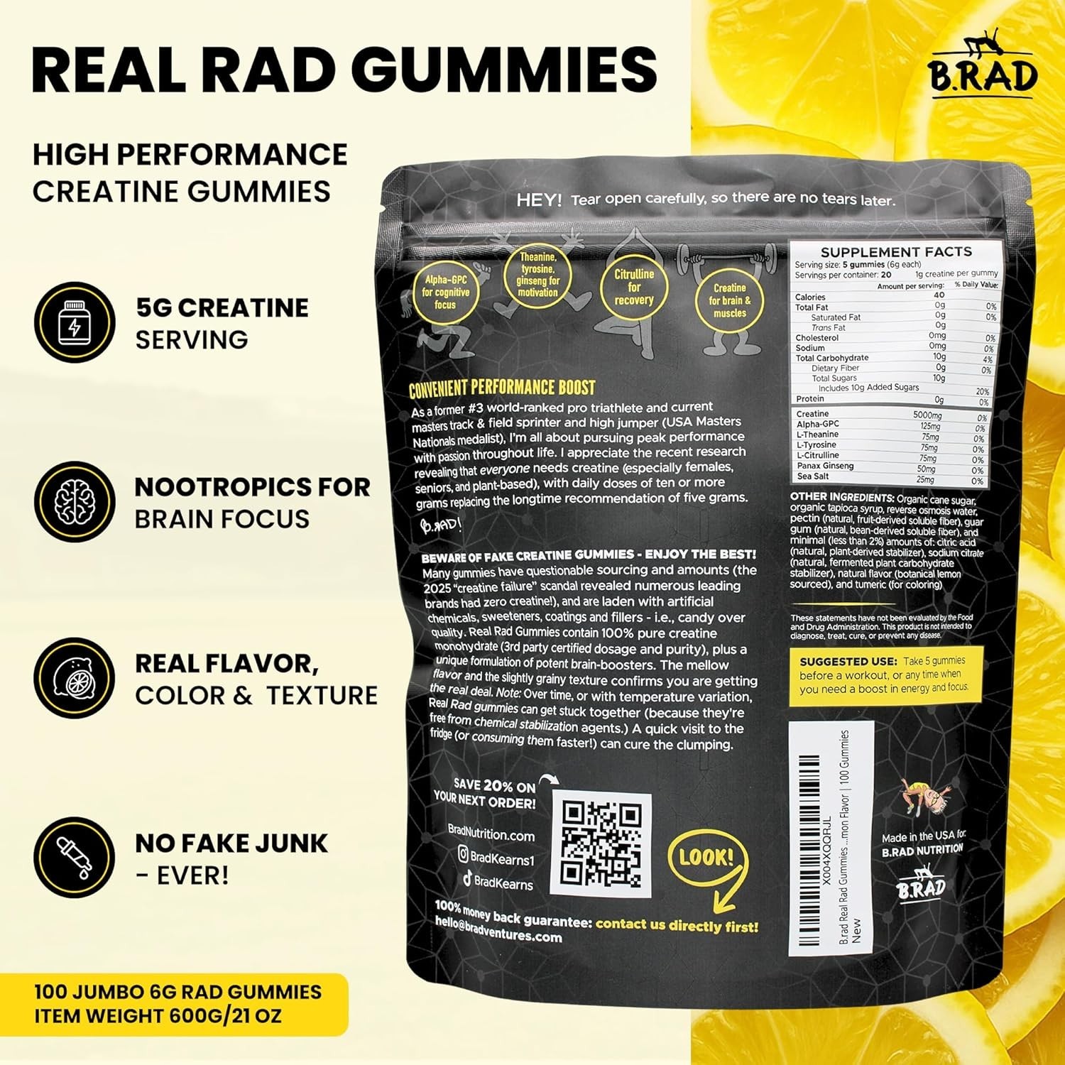 B.rad Real Rad Creatine Gummies 5g Creatine Performance Energy USA Made New!