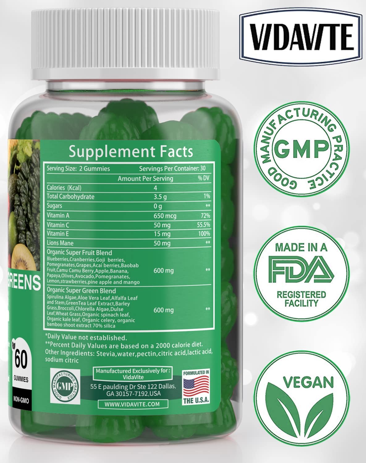 VIDAVITE Sugar-free Super Greens Gummies — 1 Count (Pack of 60), Green