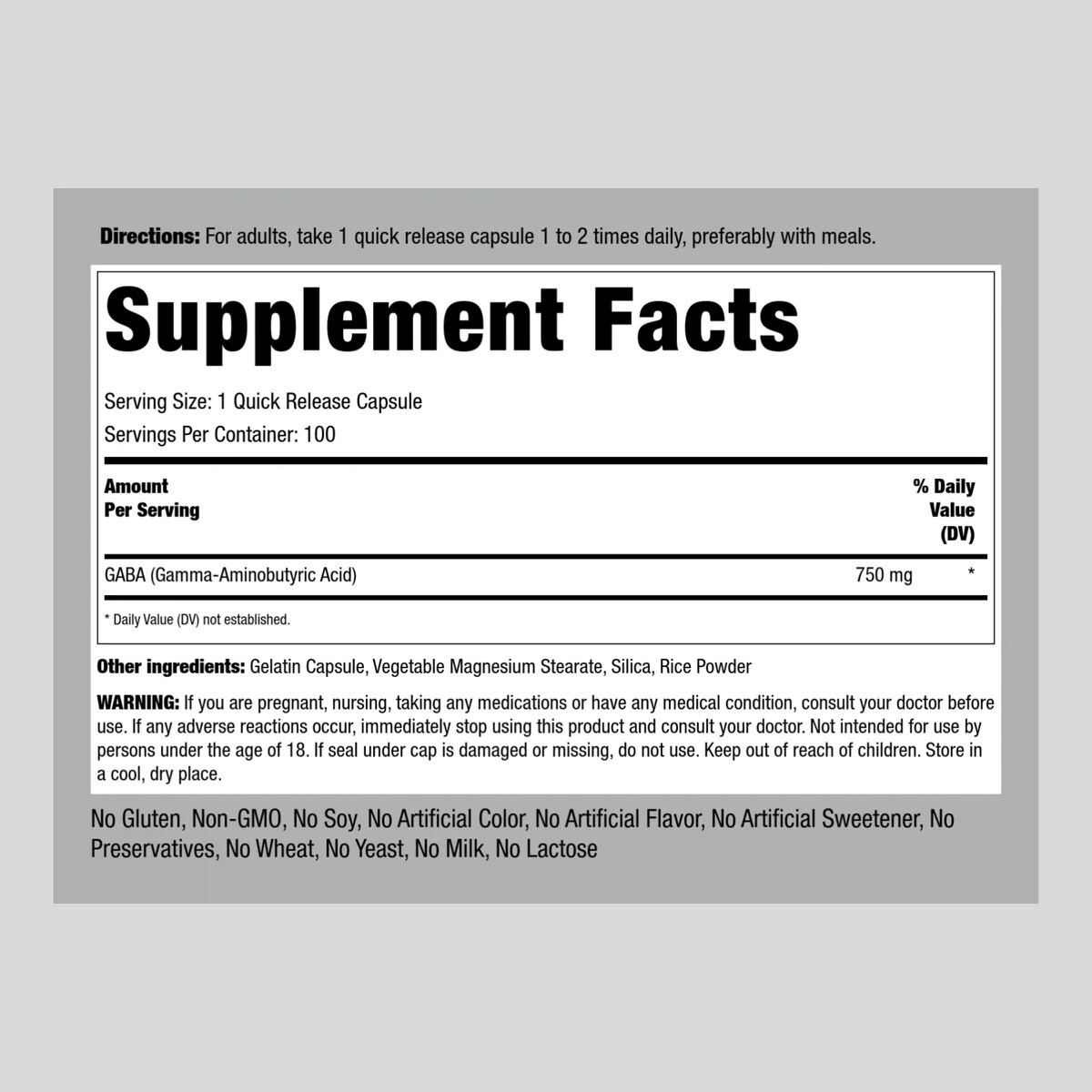 GABA 750mg | 100 Capsules | Non-GMO, Gluten Free | By Piping Rock