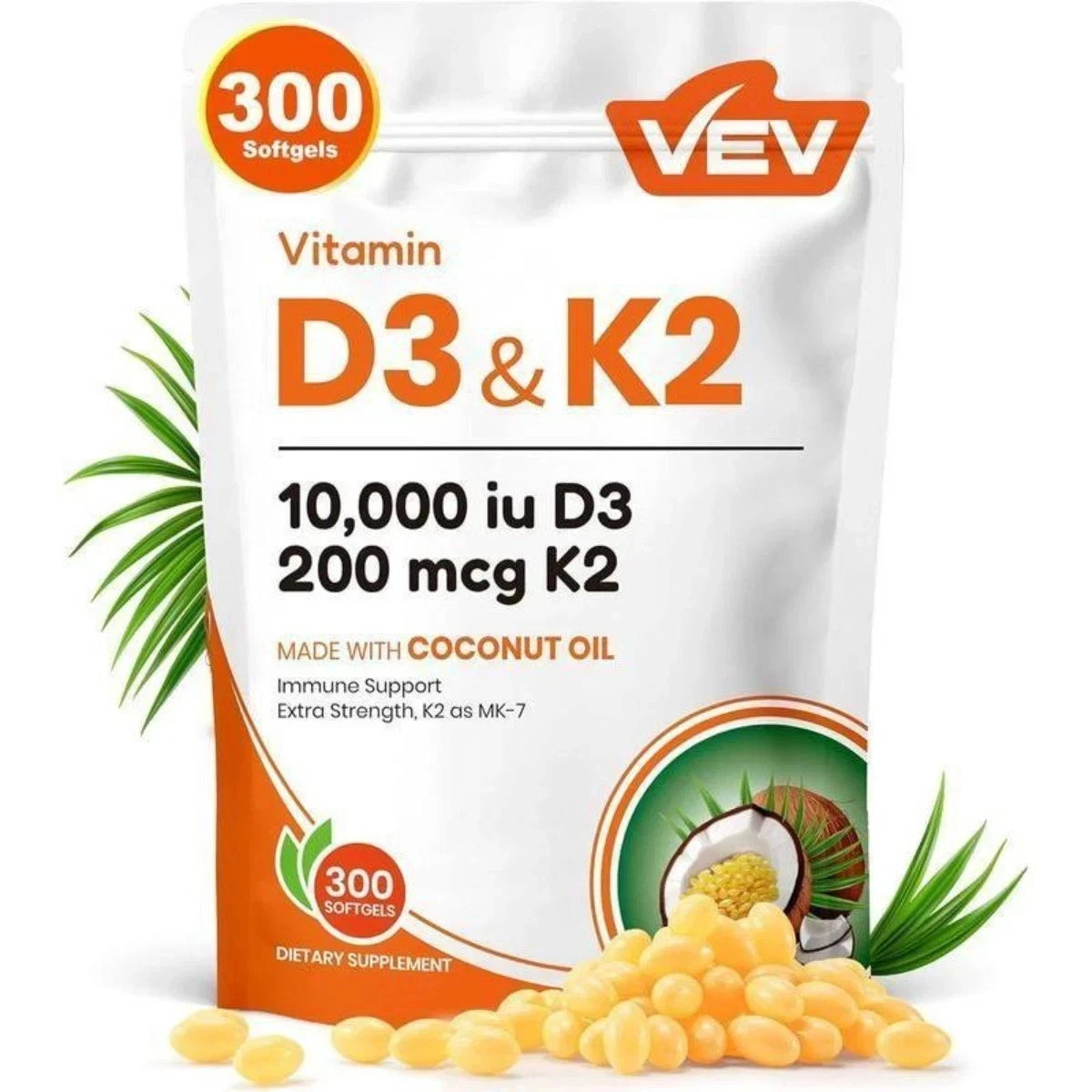 VEV D3 K2 2-in-1 Vitamin Support 300 Ct-10000 IU Softgels with Coconut Oil,