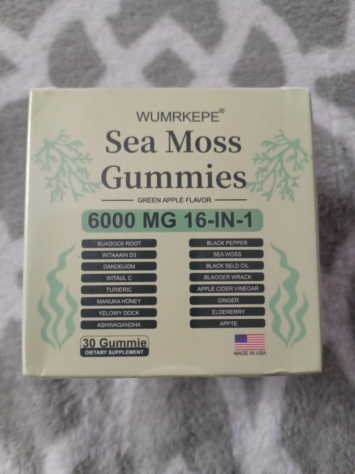 Sea Moss Gummies 6000mg 16-in-1 Irish Blend Green Apple 30 Count Supplement 3/27