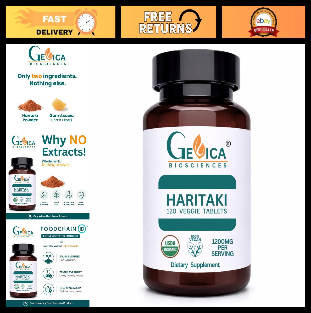 Organic Haritaki 1200mg – 120 Vegan Tablets, Whole Fruit, NPOP Certified, Non-GM