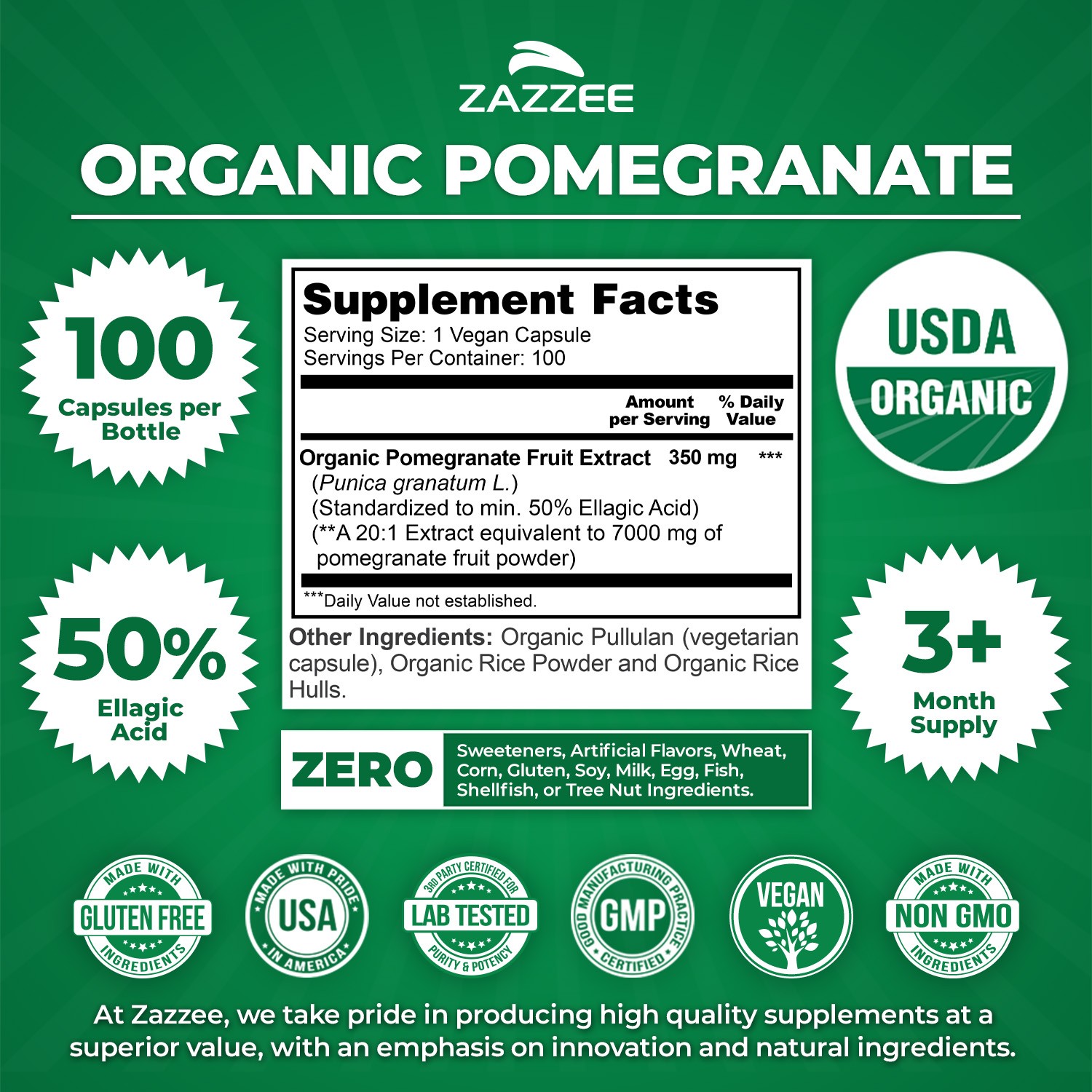 Zazzee USDA Organic Pomegranate 20:1 Extract, 7000 mg Strength, 40% Ellagic Acid