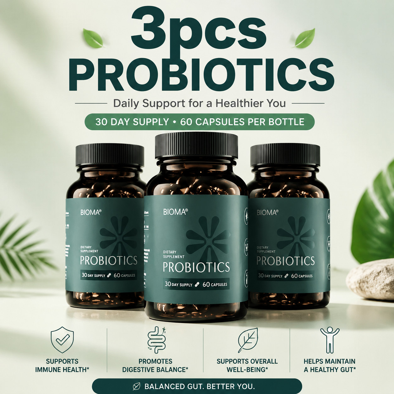 3 Pack BIOMA Probiotics Digestive Health Gut Support for Men & Women 60 Capsules