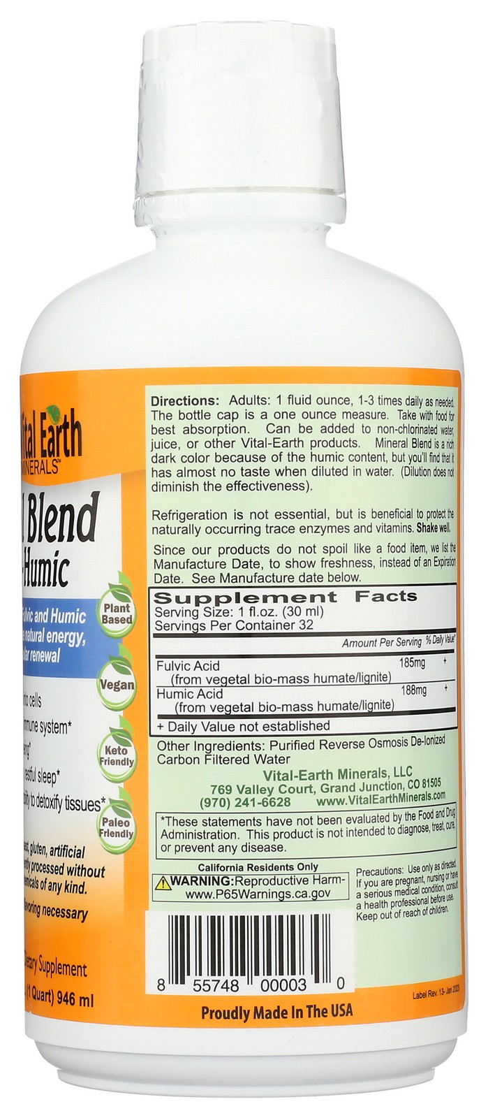 Mineral Blend Fulvic And Humic Vital Earth Minerals 32 Oz Supplement 1 Pack