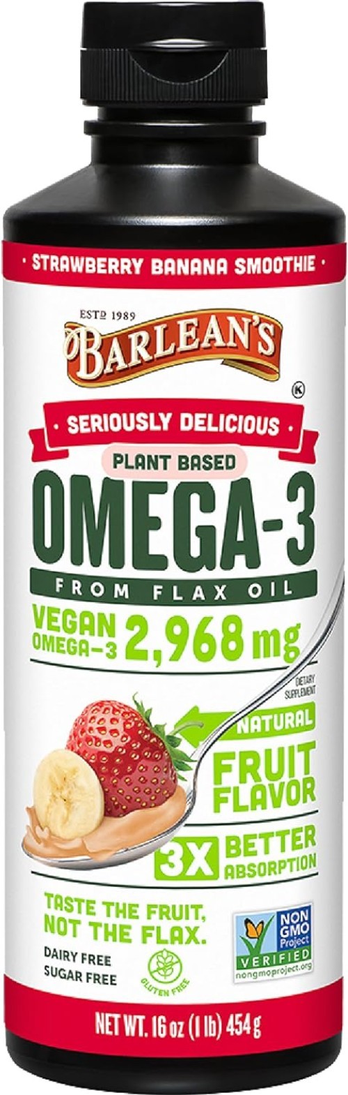 2,968mg ALA Flaxseed Oil – Strawberry Banana Smoothie, Gluten-Free 16oz