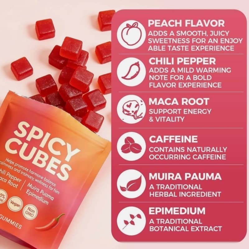 Peach Gummies Spicy Cubes 30 Gummies 1 Bag Support for Calm and Relaxation Hot