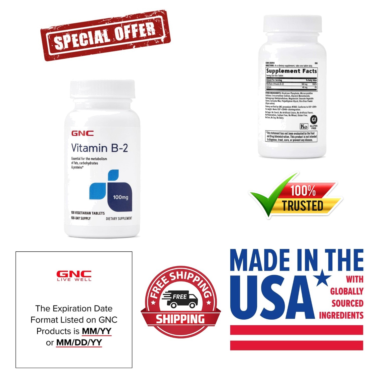 GNC 100mg Vitamin B2 Tablets – Science-Backed Metabolism Support, 100 Servings