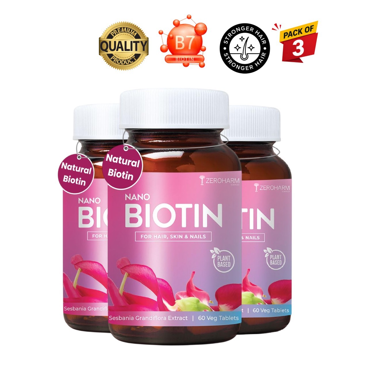 3 Pack ZERO.HARM Biotin 30mcg Hair Skin Nails 60 Veg Tabs