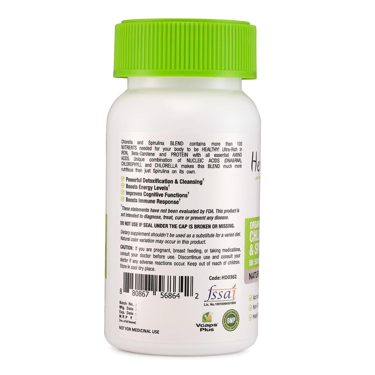 Organic Spirulina Chlorella 50/50 Blend Superfood Herbadiet 60 Capsules 2.1oz
