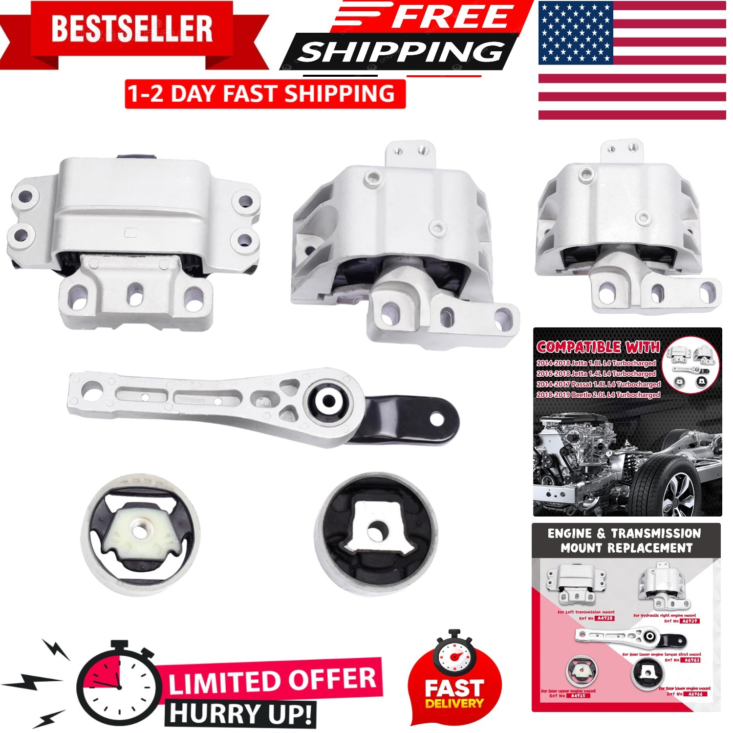 Engine Motor and Transmission Mount Compatible with Jetta 2014-2018 1.8L1.4L L4
