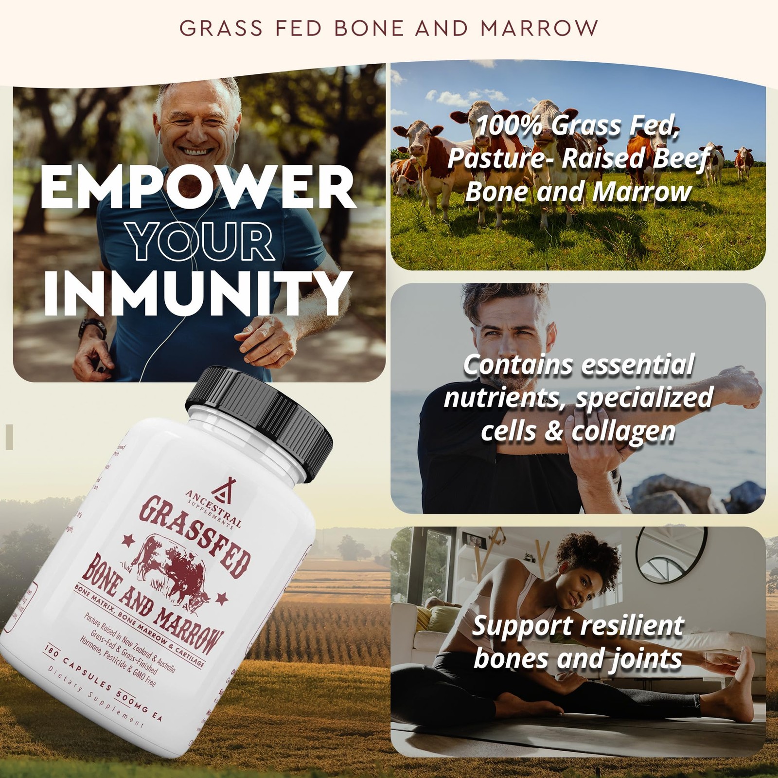 Ancestral Supplements Grass Fed Beef Bone and Marrow Supplement, 3000mg, Skin…