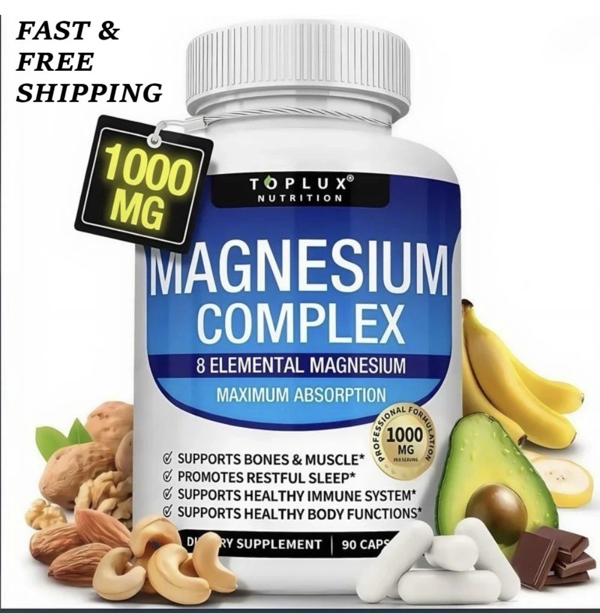 TopLux Magnesium Complex 1000mg, 8 Types for Sleep Aid Muscle Cramps Digestion