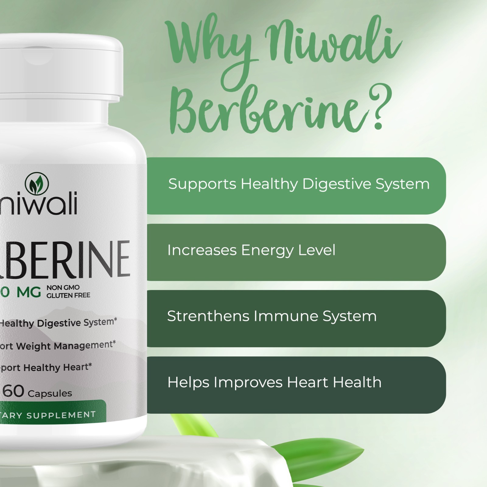 Niwali-Berberine 1200mg 60 Capsules Digestive Support Weight Management Non-GMO