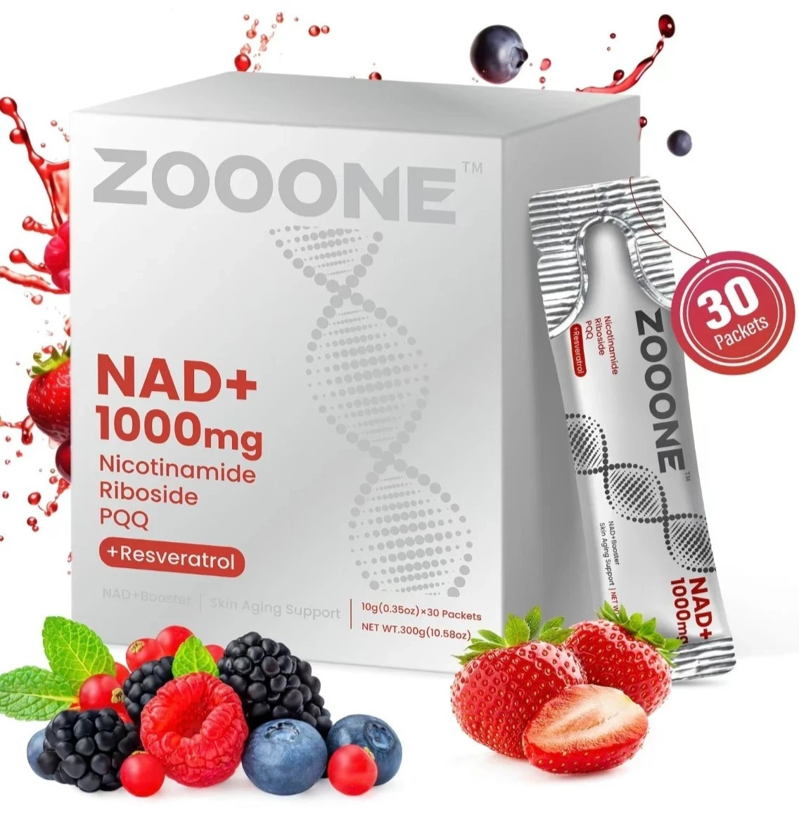 ZOOONE NR1000 NAD+ Drink Mix – Berry Flavor, Energy & Skin Supporting, 30 Pack
