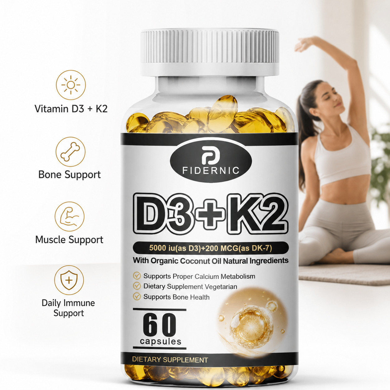 Vitamin D3 K2 60 Capsules Bone Muscle Immune Support Supplement