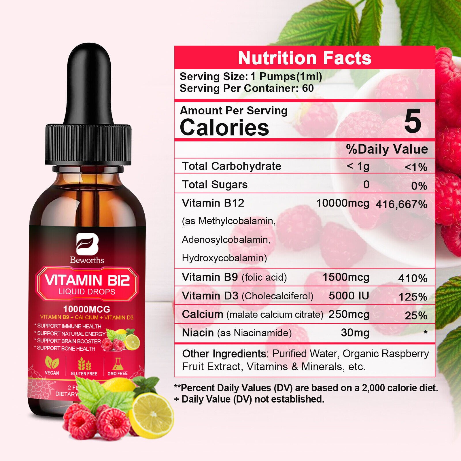 Vitamin B Complex Vegan Liquid Drops B9, B12 & Vitamin D3 for Men and Women