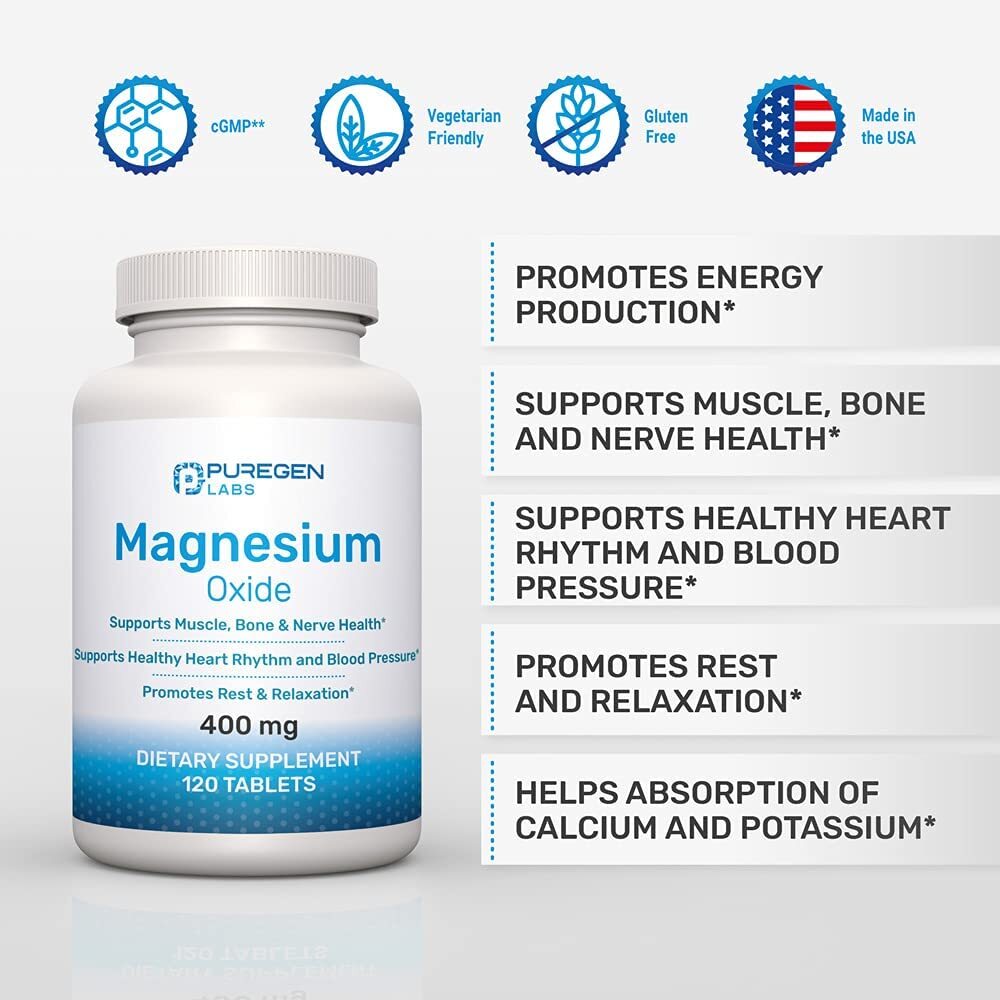 Puregen Labs Magnesium Oxide 400mg High Potency Supplement 120 Tablets