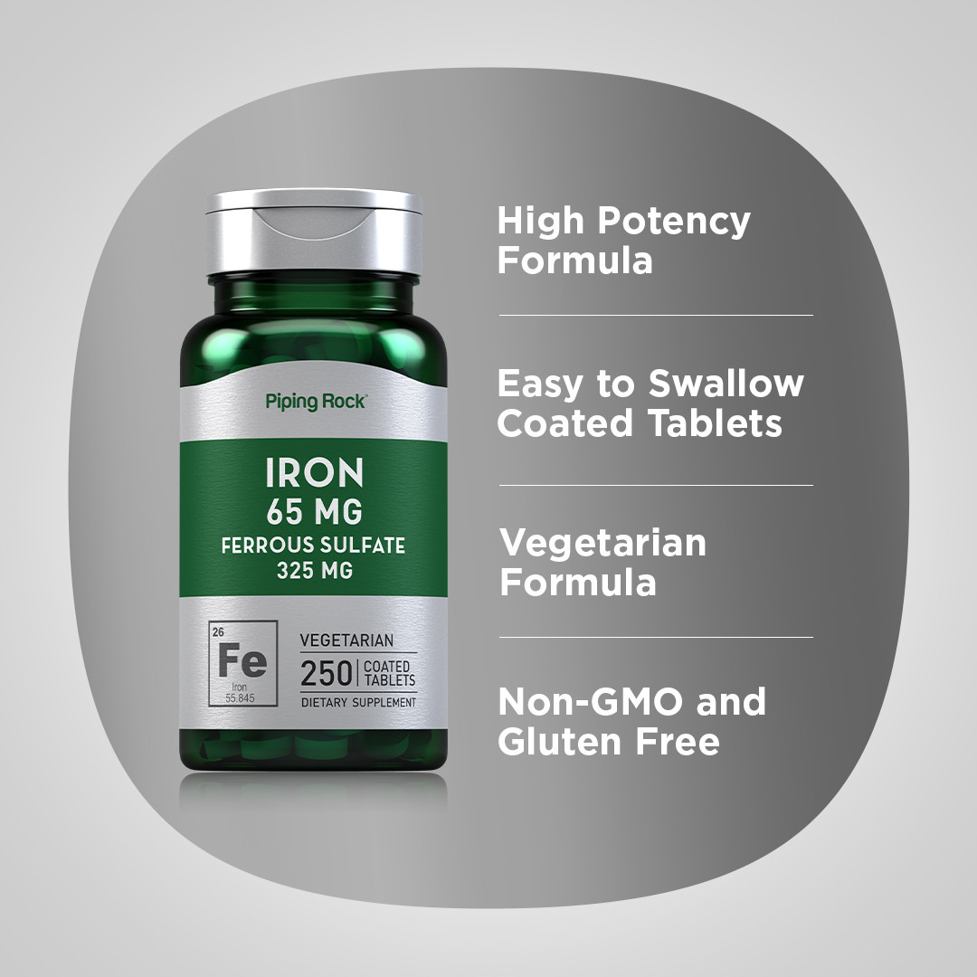 Iron Ferrous Sulfate 65 mg | 250 Tablets | Non-GMO | By Piping Rock